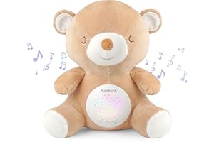 BELLOCHIDDO Teddy Bear Baby Soother - Sleep Soothing White Noise, Portable Night Light Projector and Melodies, Toddler Crib Lullaby Machine Sleeping Aid for Newborns and Up, Babies Stuffed Animal Plush Toy