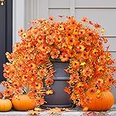 INQCMY Artificial Fall Flowers for Outdoors Realistic Faux Autumn Hanging Plants 2Pcs Fake Mums Fake Flowers for Porch Patio Outdoor Decor Home Decor UV Resistant (Orange Sunset Red)