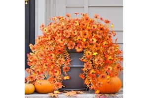 INQCMY Artificial Fall Flowers for Outdoors Realistic Faux Autumn Hanging Plants 2Pcs Fake Mums Fake Flowers for Porch Patio Outdoor Decor Home Decor UV Resistant (Orange Sunset Red)