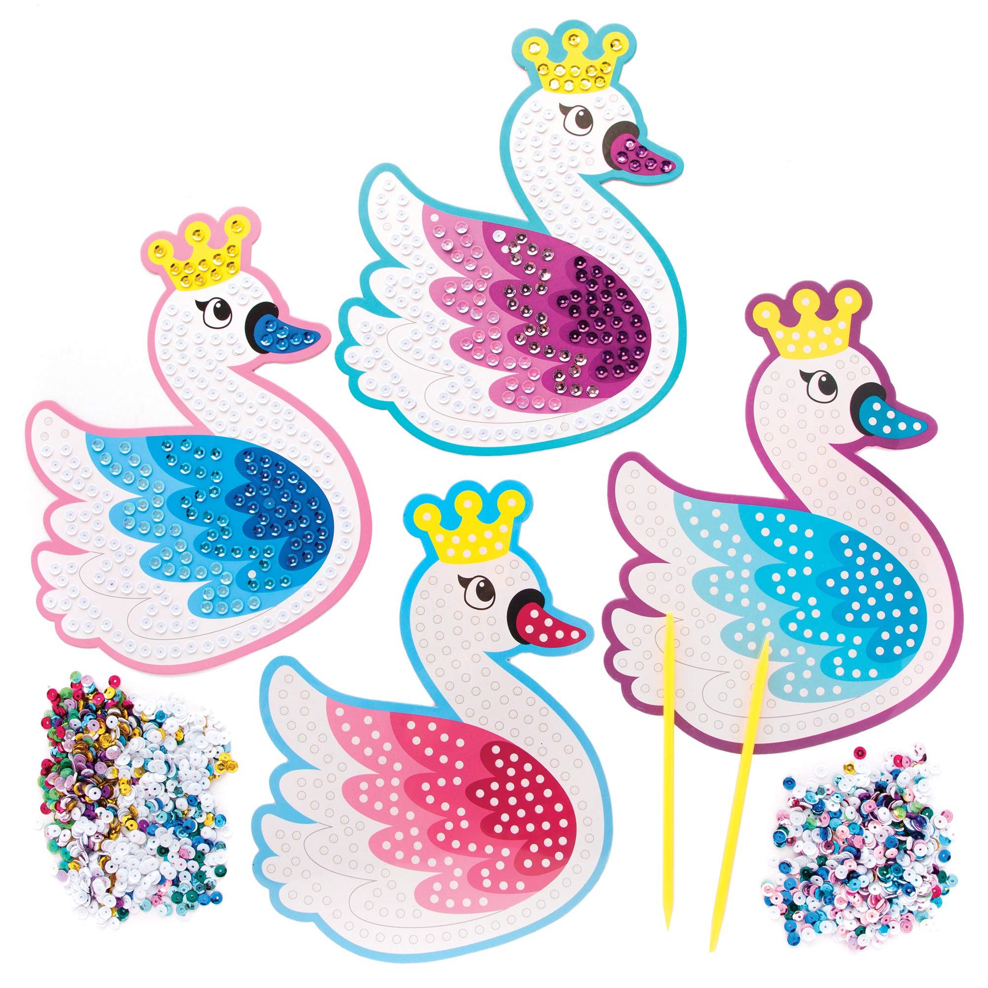 Baker Ross AX831 Swan Princess Sequin Kits - Pack of 4, for Children to Decorate and Personalize Arts Projects, Ideal Groups, Home Crafting, Class Room Activities