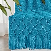 inhand Teal Throw Blanket for Couch and Bed, Soft Living Room Home Decor Knitted Blanket with Tassel, Outdoor Lightweight Breathable Summer Blanket, Farmhouse Warm Woven Decorative, 50"x60"