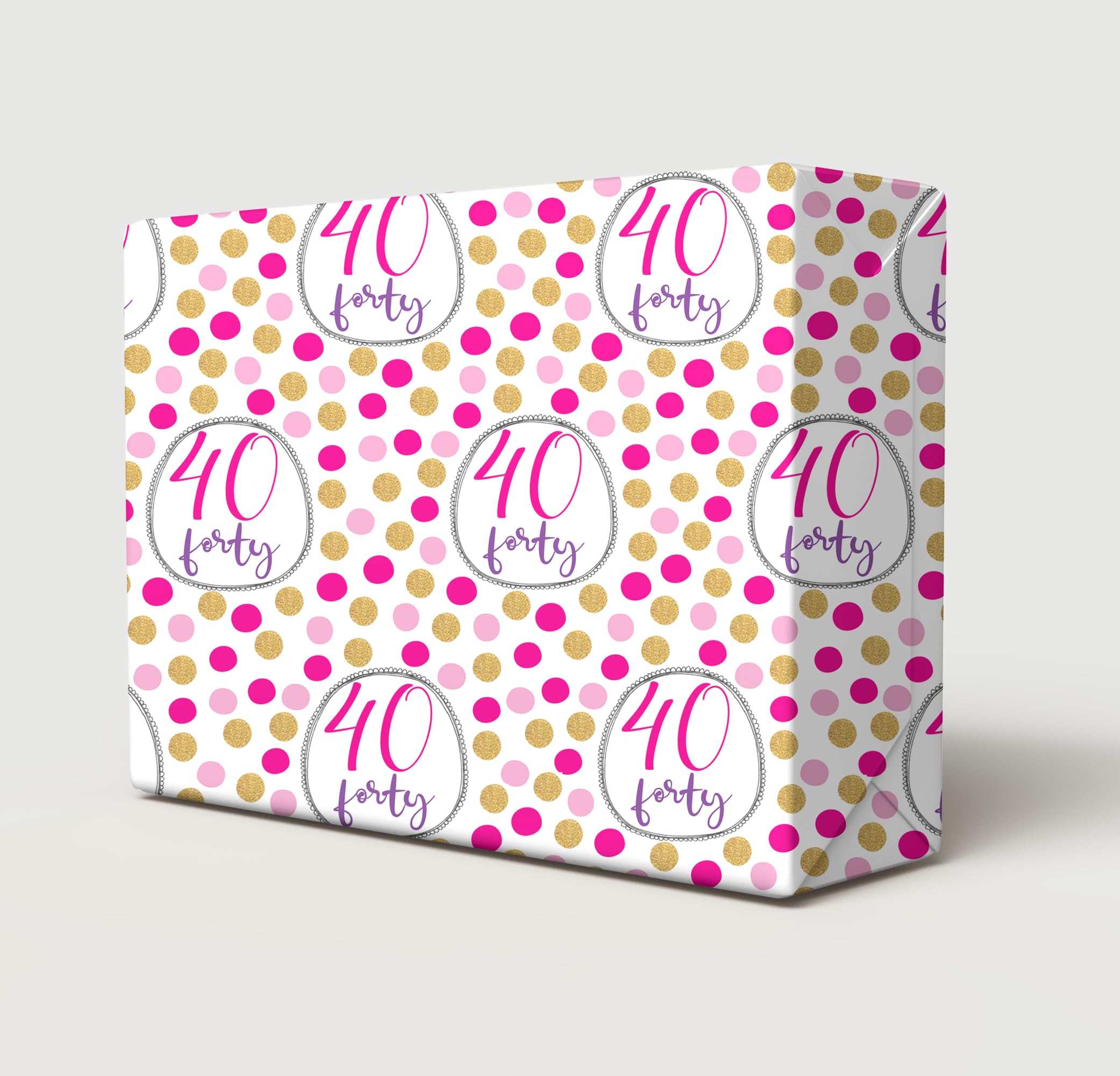 2 Sheets 2 Tags 40th Birthday Pink Gold Polka Dots Female Wrapping Paper Age 40 Birthday Ladies Giftwrap (PA)
