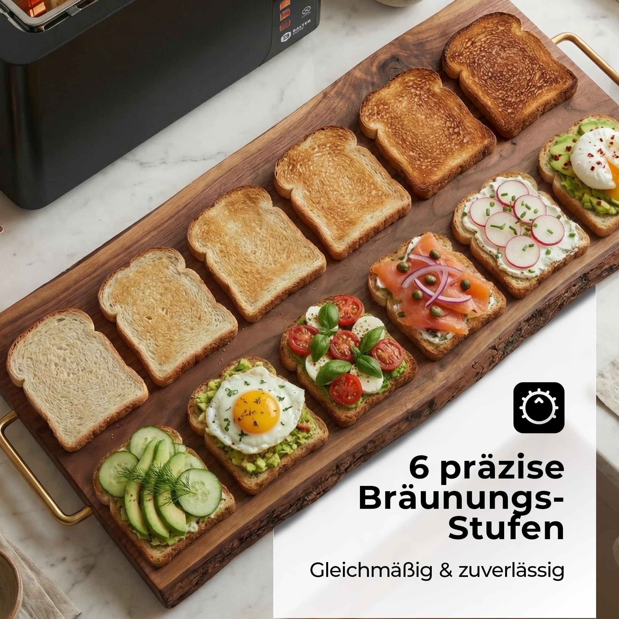 Balter Toaster 4 Scheiben, Touch Bedienung, Langschlitz, Edelstahl, Brötchenaufsatz, LCD Display Langschlitztoaster, Auftaufunktion, Brotzentrierung, TS-44 Schwarz matt 4