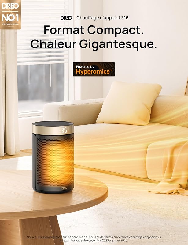 Chauffage d'appoint, Chauffage Electrique Soufflant Economique avec Thermostat, Minuterie 1-12H, Mode Éco, Chauffage Céramique PTC Rapide de 1500 W en toute sécurité, Chauffage 316