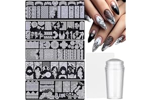 MOLILON 5Pcs Lace Nail Stamping Plate Set- Nail Press Molds, French Tip Silicone Nail Stamper, Bow Lace Design with Nail Stamp Stencils & Scrapers for Women DIY Manicure Art Accessories​