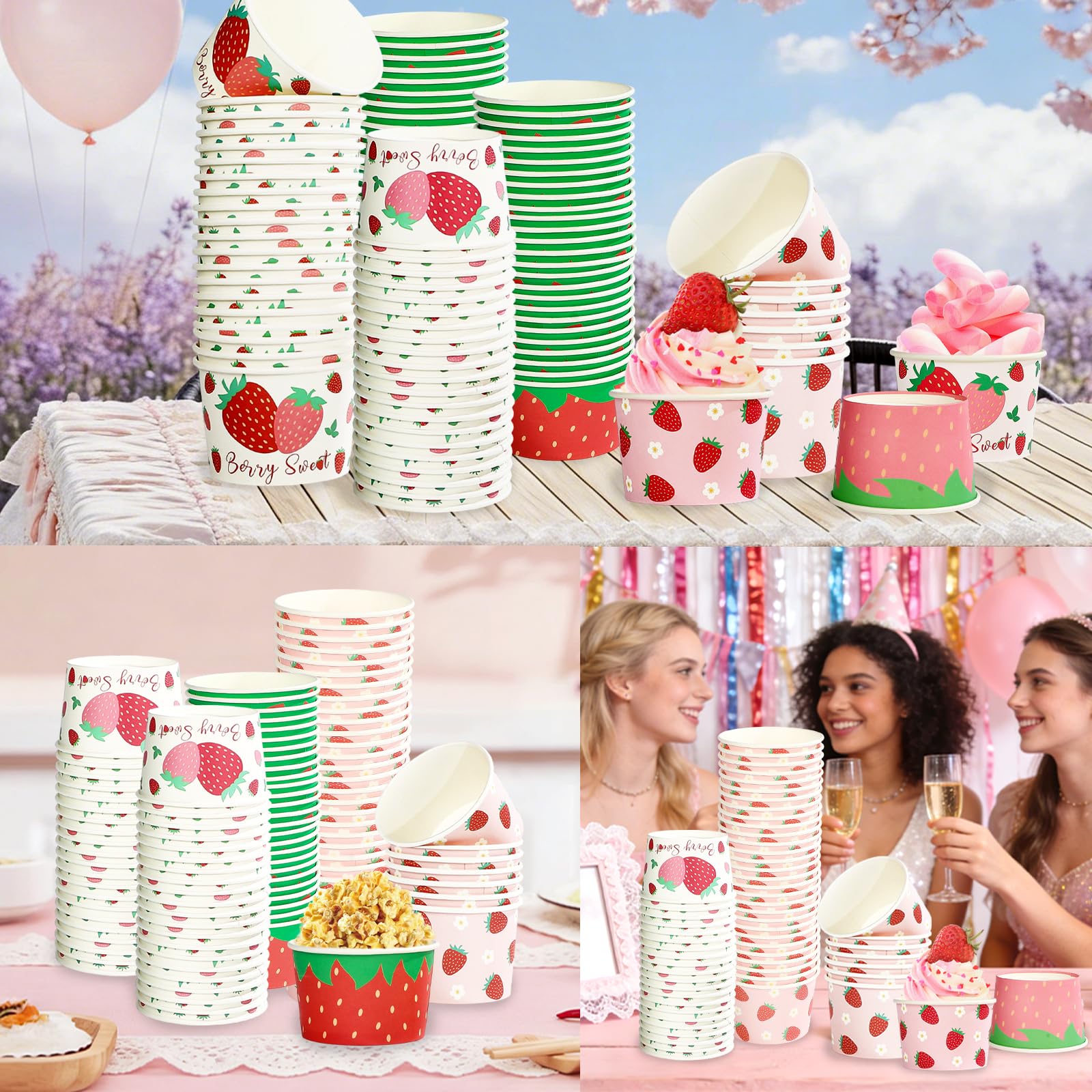 Condition photo showing New/Like New for 120pcs strawberry paper cups bowls 12 oz strawberry disposable ice cream snack bowls sweet berry spr