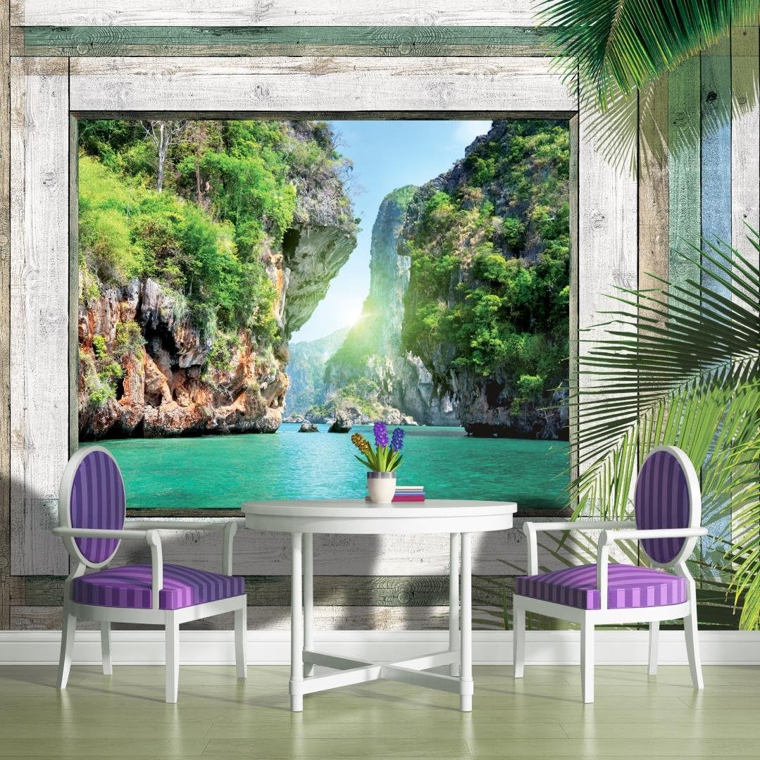 Tropical View through Driftwood Window Wallpaper Mural