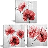 KLVOS Red Flower Wall Art 3 Panels Bedroom Wall Decor Blooming Floral Picture Canvas Posters Print Vintage Artwork Framed for Bathroom Kitchen Grey Red Wall Painting Home Decor Framed