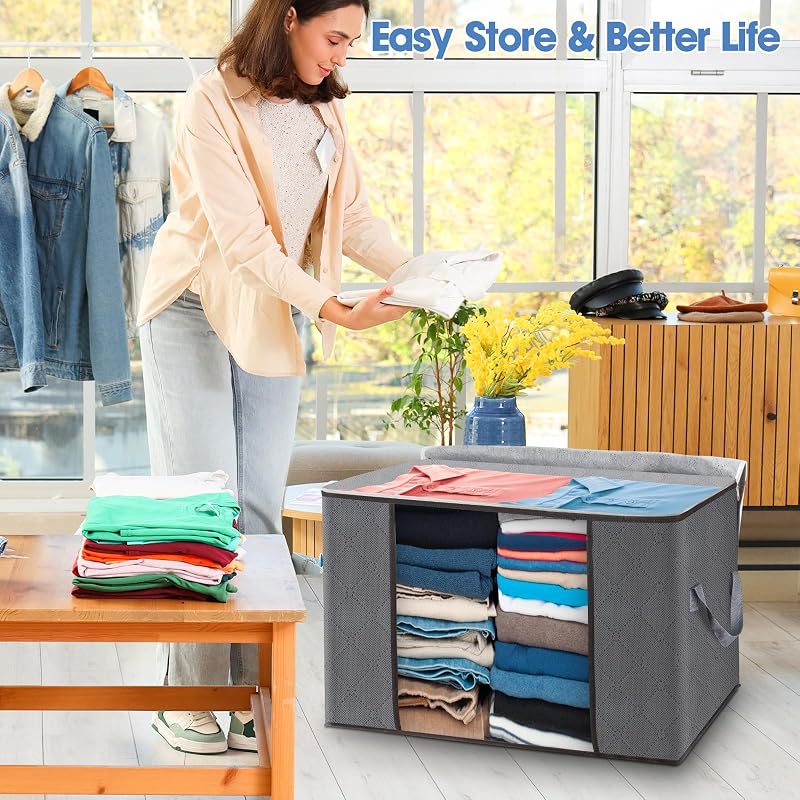 4 Stück 60L Groß Aufbewahrungstasche, Faltbare Unterbett Kleideraufbewahrung Schrank Organizer Set, für Bettwäsche, Kleidung, Decken, Kissen Quilt Saison Artikel Lagerung, 55x35x32cm — Foto 7 von 7