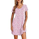 Ekouaer Nightgowns for Women Short Sleeve Sleepshirt V Neck Short Nightshirt Pullover Soft Ruffled Sleepwear S-XXXL