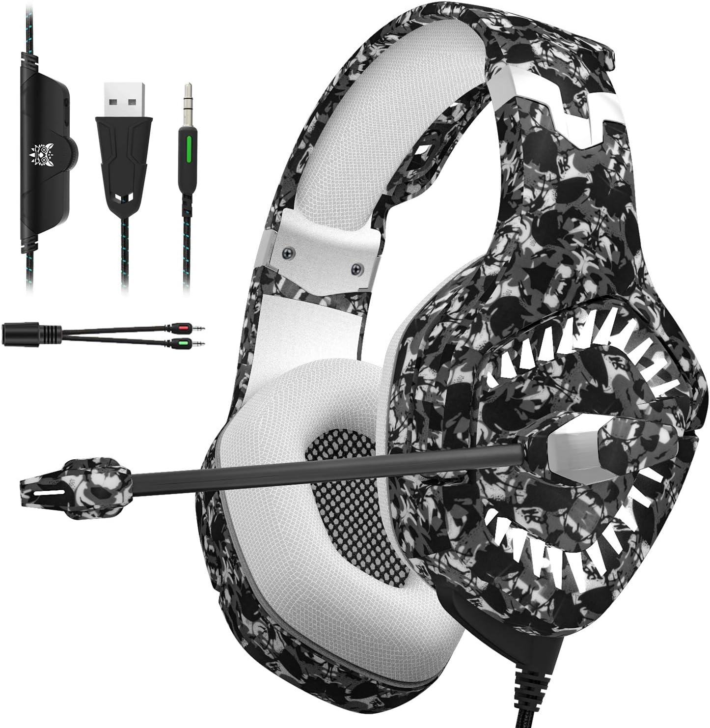 ONIKUMA K1B PRO Stereo Gaming Headset with Mic, Controls and LED light for PC, PS4, Xbox and Mobiles (Camouflage Grey)
