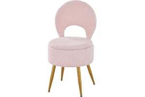 ZYKZYK Vanity Stool with Storage and Backrest, Folding Back & Velvet Seat, Footrest, Round Ottoman with Sherpa, Vanity Chair with Storage, Ideal for Bedroom, Living Room, and Makeup Stations