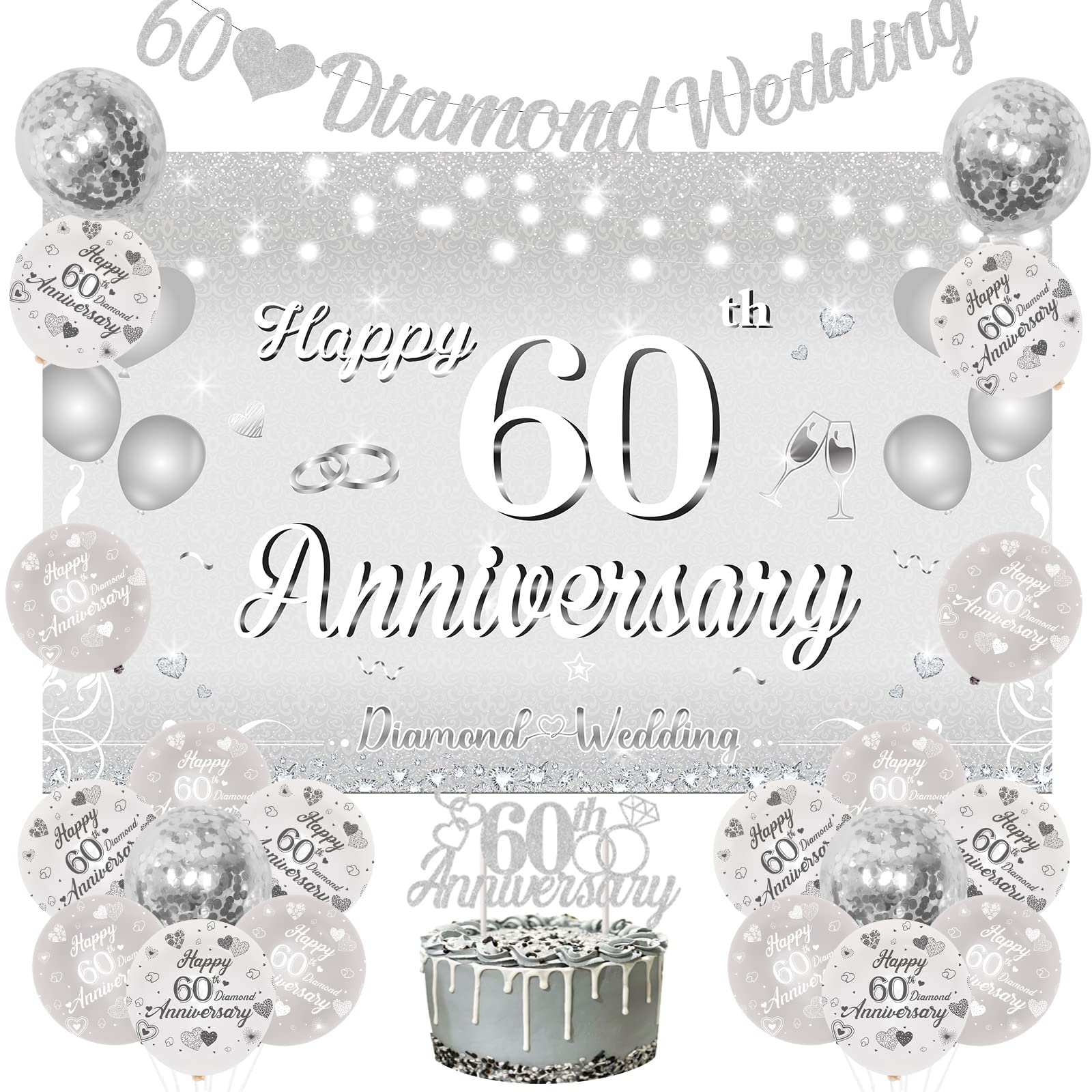Sursurprise 60th Wedding Anniversary Decorations Set, 60 Diamond Wedding Anniversary Backdrop, Happy 60th Anniversary White Silver Confetti Balloons, Banner, Cake Topper for Happy Anniversary Supplies