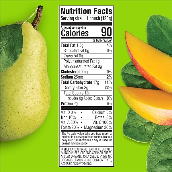 HAPPY TOT ORGANICS STAGE 4 BABY FOOD POUCHES, GLUTEN FREE, VEGAN SNACK, SUPERFOODS FRUIT & VEGGIE PUREE, PEARS, MANGO, SPINACH & CHIA, 4.22 OUNCE (PACK OF 1)