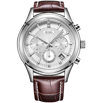BUREI Mens Elegant Chronograph Watch with Date Display and Brown Leather Strap Business Luxury Sport Quartz�