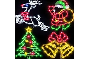 PYTOPKTO Christmas Decorations - 16" Christmas Window Silhouette Lights - 4 Pack Colour Lighted Santa & Reindeer & Christmas Tree & Bell for Holiday Indoor and Outdoor Wall Door Window Decorate