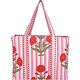 KLAVATE Women Handblock Lightweight Reversible Travel Bag Purse Cotton Shoulder Tote Bag For Shopping Valentine Gift For Her