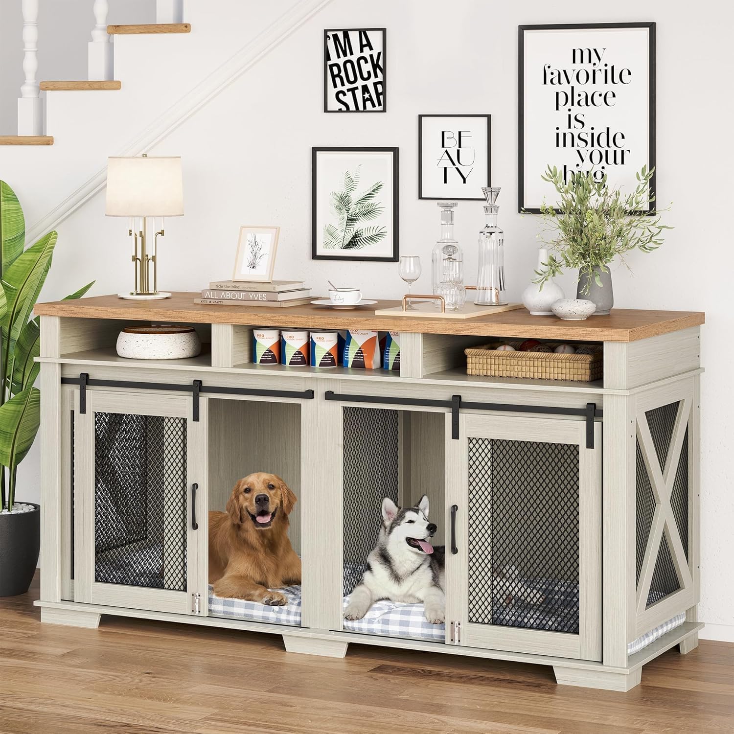 Photo 1 of Dog Crate Furniture for 2 Large Medium Dogs 71" Dog Kennel with 3 Storage Compartments and Removable Divider, Indoor Dog Cage TV Stand, Double Dog Crates with Sliding Barn Door