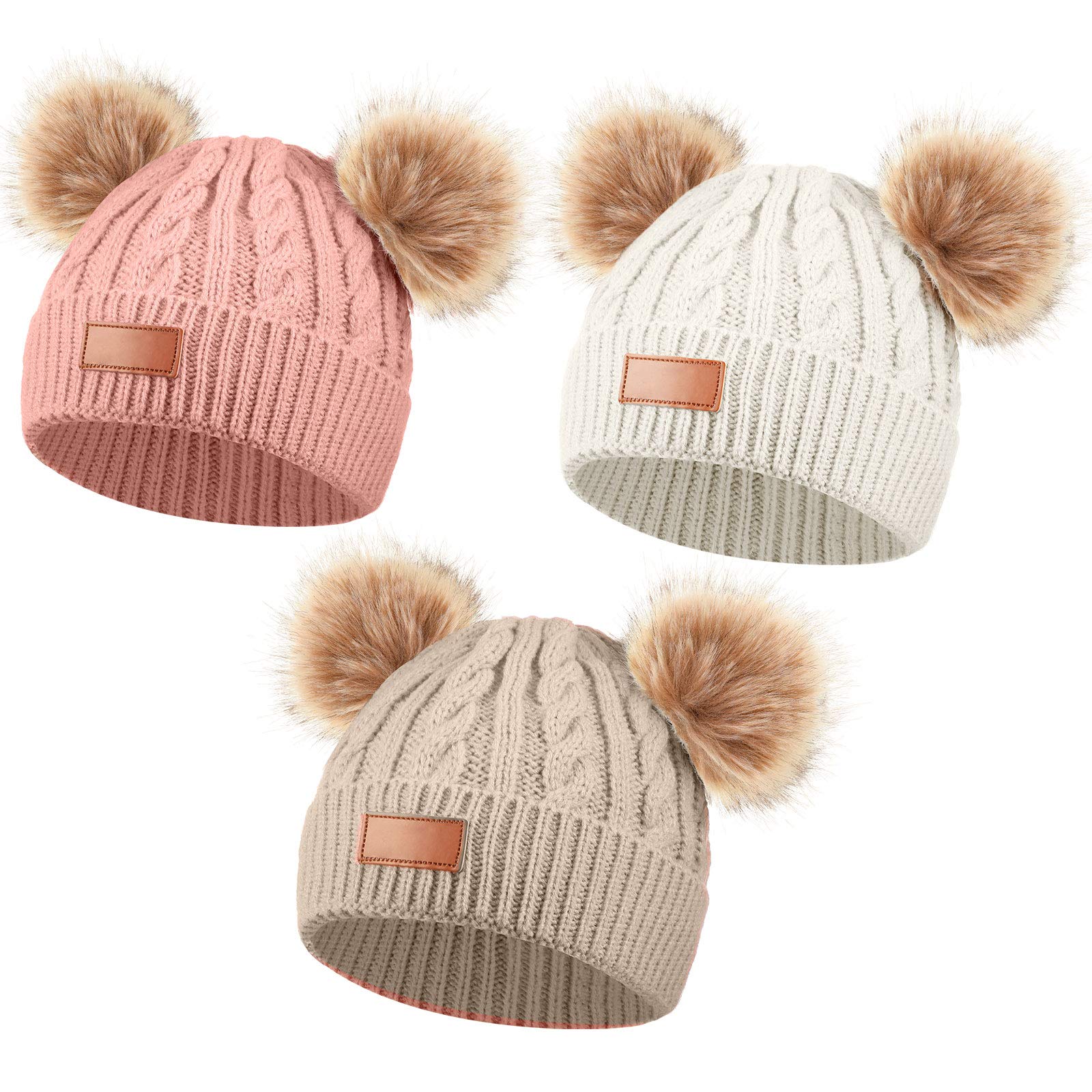 3 Pieces Kids Winter Pompom Hat Knitted Ski Beanie Hat Double Pom Beanie Cap for Girls Boys, for 1-3 Years Old