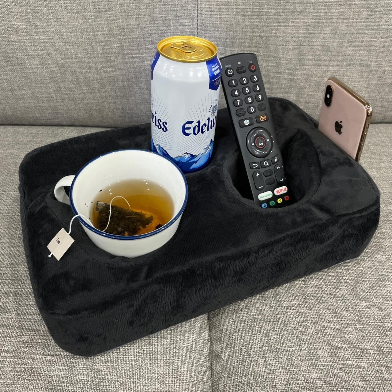 Couch Cup Holder Pillow, Couch Drinks Remotes Holder for Center of Couch, for Sofa, Bed, RV, Car (Black)