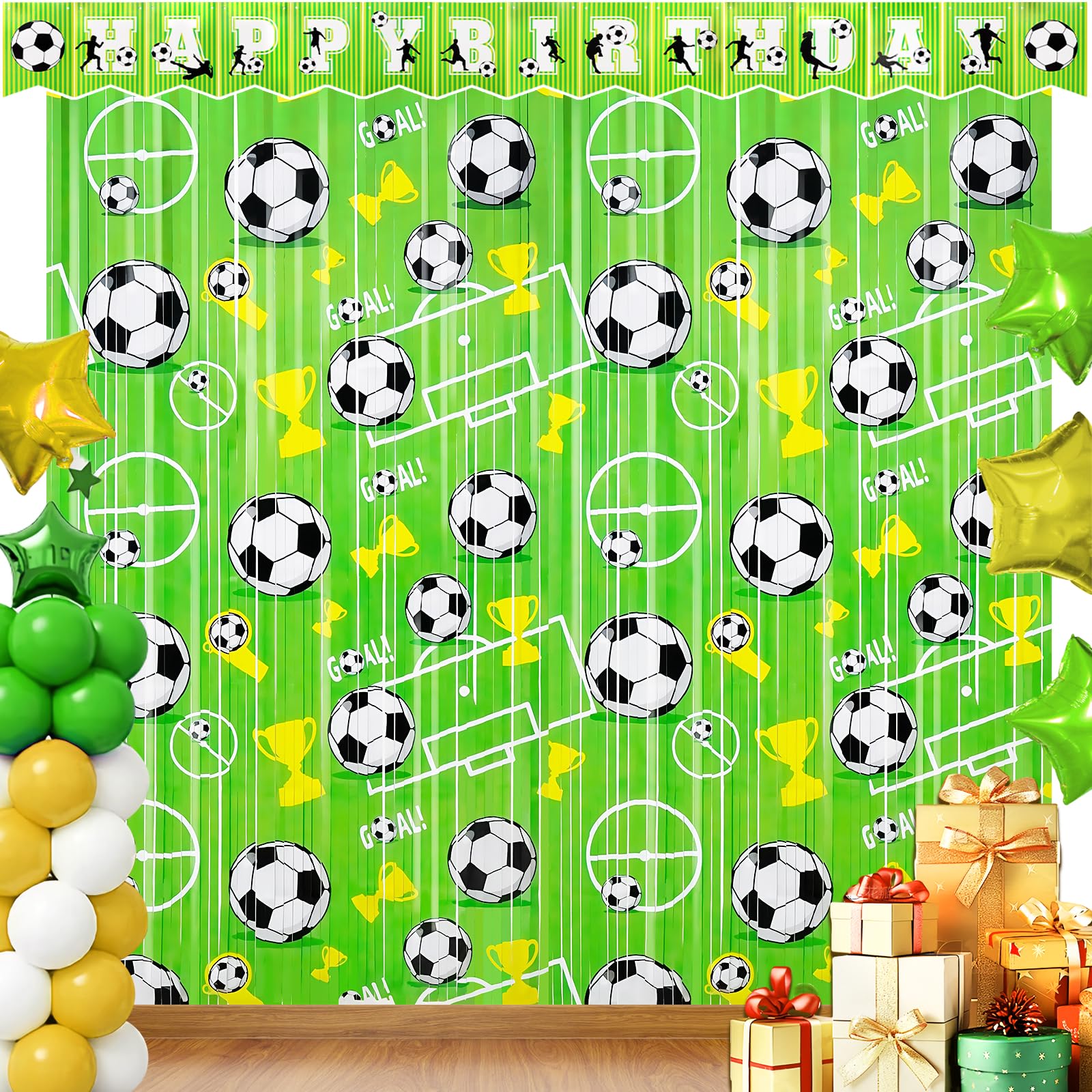 Photo 1 of 3 Pack Soccer Birthday Party Decorations with 2Pcs Green Metallic Tinsel Foil Fringe Curtains and 1Pcs Birthday Banner for Photo Booth Props Backdrop and Soccer Fan Activitys Party Decor Supplies