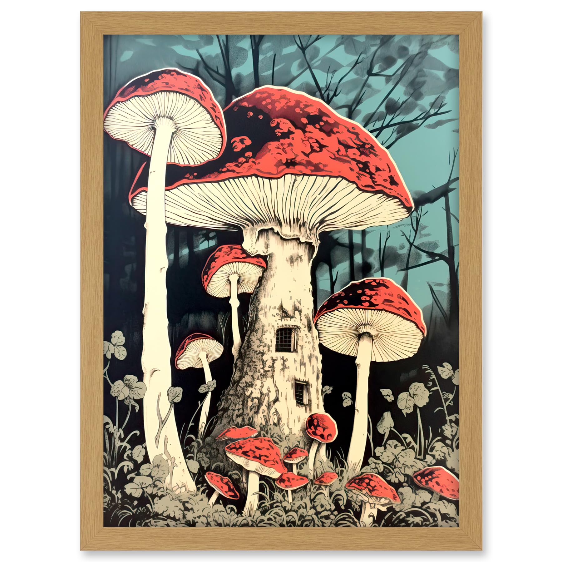 Artery8 Mushroom Fairy House Pastel Red Blue Green Magical Forest Fantasy Concept Kitchen Artwork Framed A3 Wall Art Print