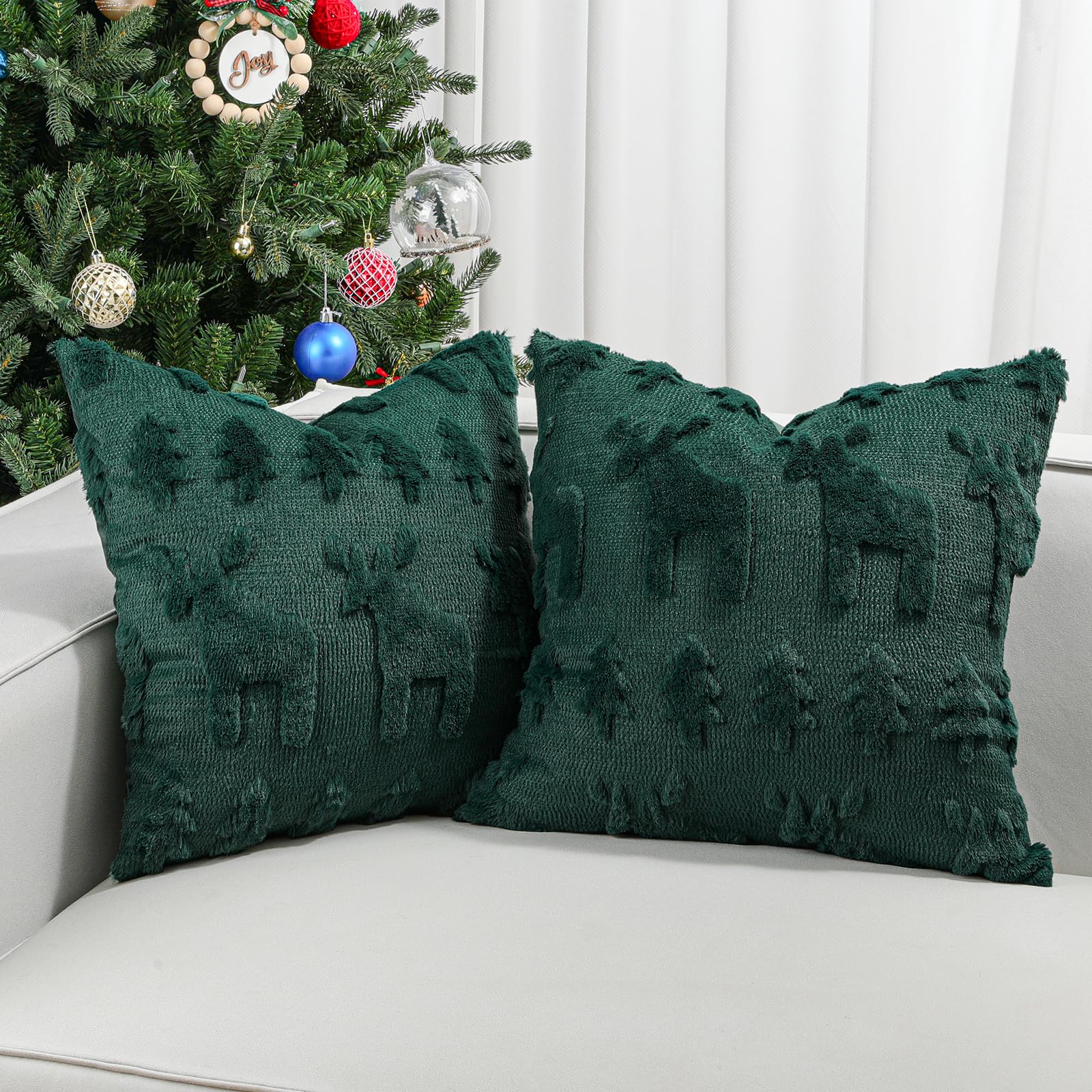 Lewondr Christmas Throw Pillow Cover 18x18, Set of 2 Super Soft Faux Fur Pillow Covers Velvet 3D Christmas Tree Reindeer Embroidery Square Throw Pillowcase for Living Room Bed Sofa Home Decor, Green