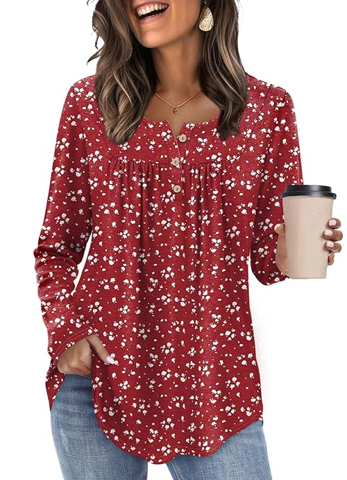WIHOLL Womens Tops Jumpers for Womens UK Crewneck Pleated Tunic Shirts Casual Curved Hem Sweatshirts Size 10-12 Red-White Dot
