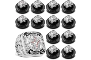 Landical 12 Pcs Baseball Championship Rings Ball Games Championship Trophy Rings Sport Ball Award Gift with Display Neck Chain and Stand for Tournament or Champion Winner