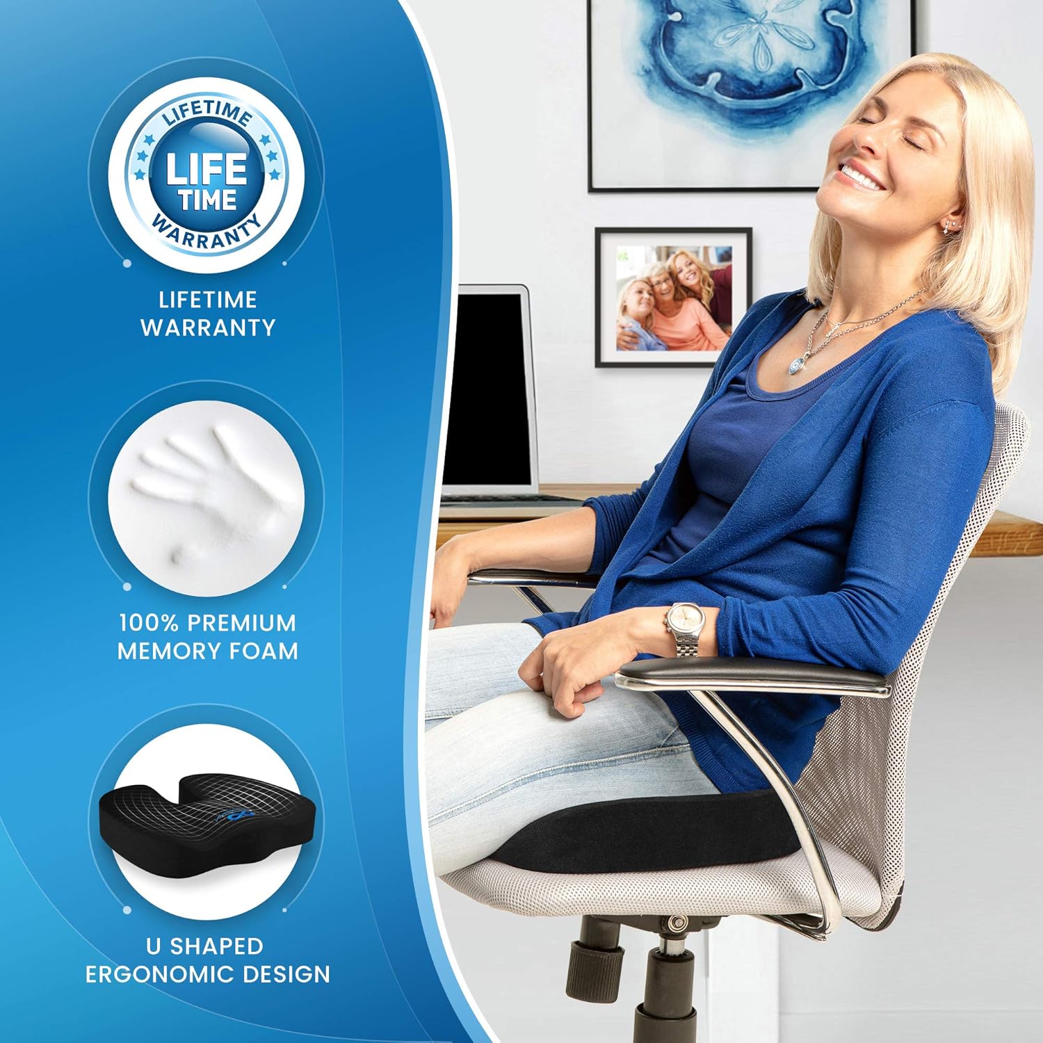 Everlasting Comfort Seat Cushion for Office Chair - Tailbone Cushion - Coccyx Cushion - Sciatica Pillow for Sitting (Black) : Office Products