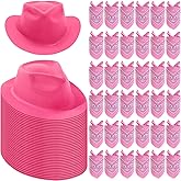 Hillban 72 Pcs Western Cowboy Hat and Paisley Bandana Set for Kids Felt Cowboy Party Hats for Costume Party Favors(Pink)