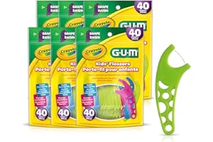 GUM Crayola Kids' Fluoride Coated Flosser Picks, Helps to Prevent Cavities Between Teeth, Grape Flavoured, Colours: Blue, Gre