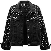 LifeShe Women's Pearls Denim Jacket Cropped Rhinestones Jean Jacket Coat