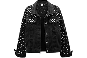 LifeShe Women's Pearls Denim Jacket Cropped Rhinestones Jean Jacket Coat