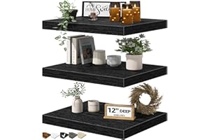 QEEIG 12" Deep Floating Shelves for Wall - 12 x 16 inch Book Shelf Bathroom Bedroom Kitchen Living Room Hanging Bookshelf Farmhouse Set of 3, Black (026-40B3)