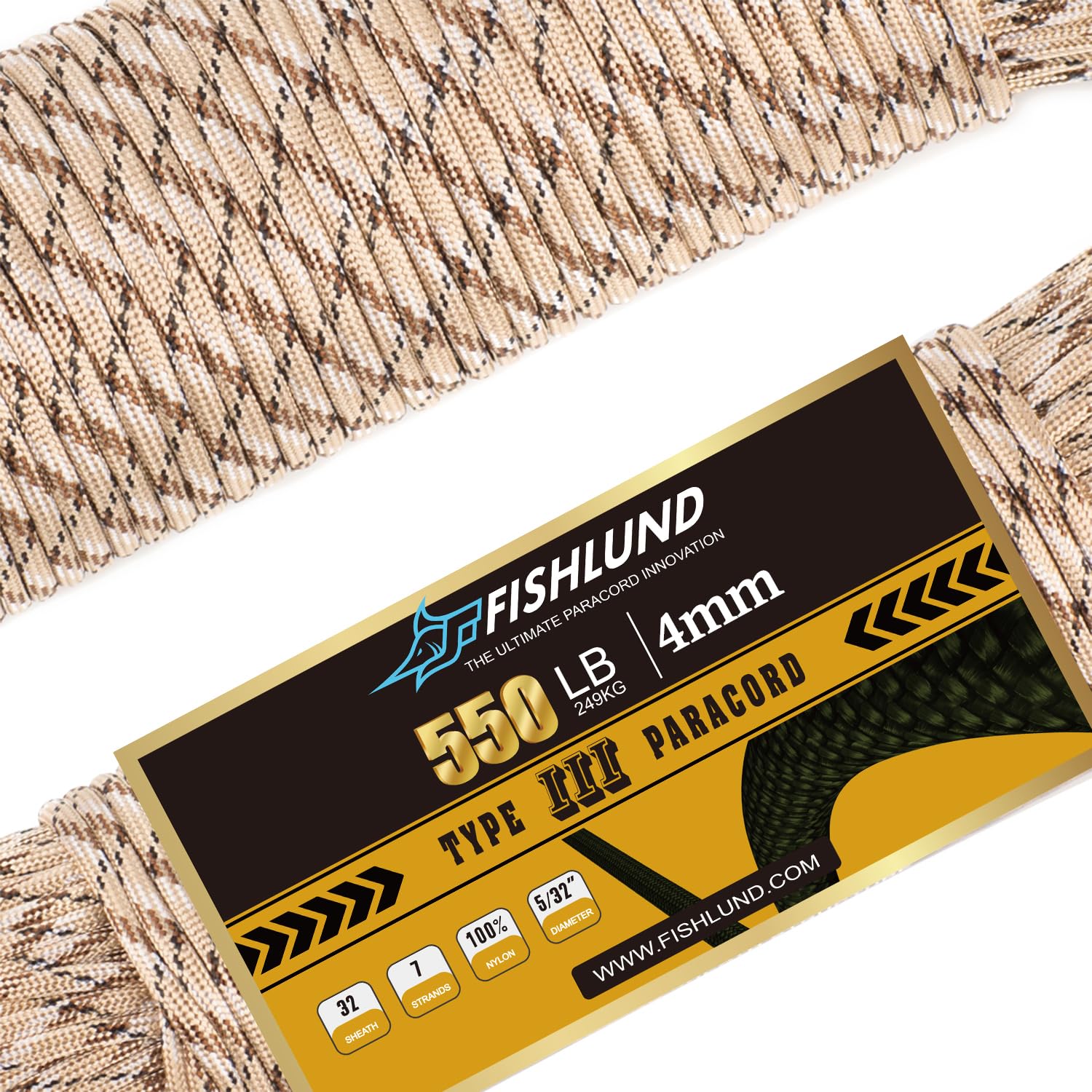 FISHLUND Paracord 550 lb, 7 Strand Paracord Rope 100ft 4mm, Nylon Parachute Cord for Camping, Desert Camo