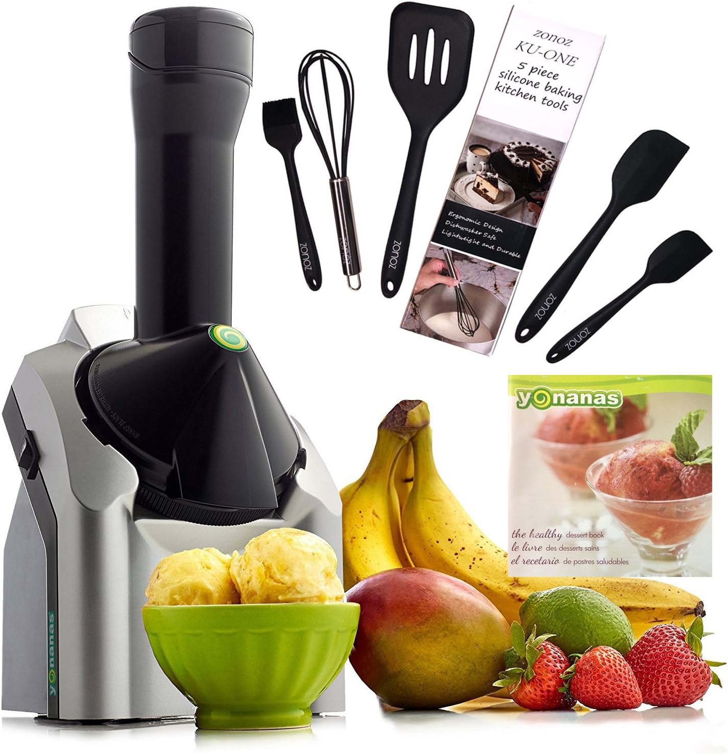 Yonanas 902 Classic Original Healthy Dessert Fruit Soft Serve Maker Creates Dairy Free Vegan Alternatives to Ice Cream Frozen Yogurt Sorbet & Zonoz Premium 5-Piece Silicone Spatula Set (Bundle)