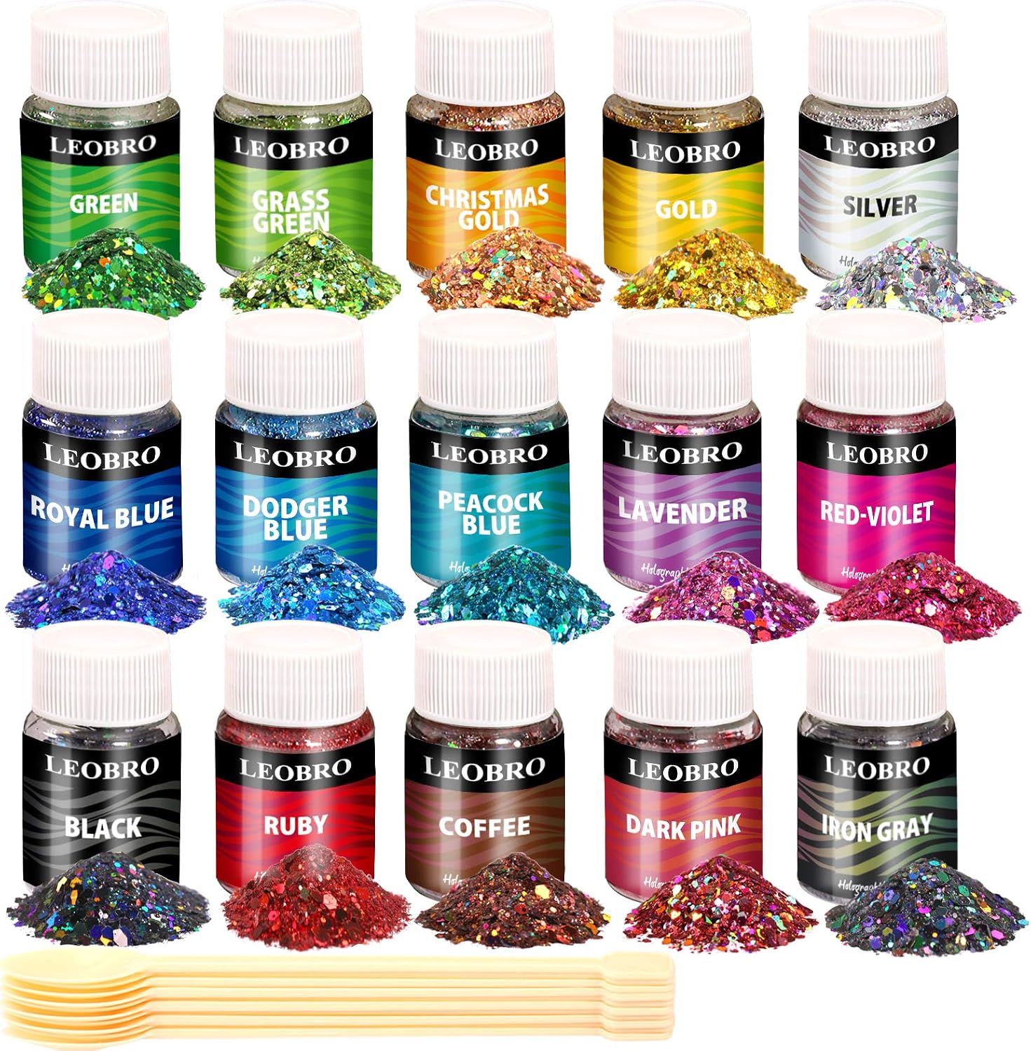 LEOBRO Holographic Chunky Glitter, 15 Colors for Resin Nail Art, Festival Cosmetic, Eye, Hair, Face, Body