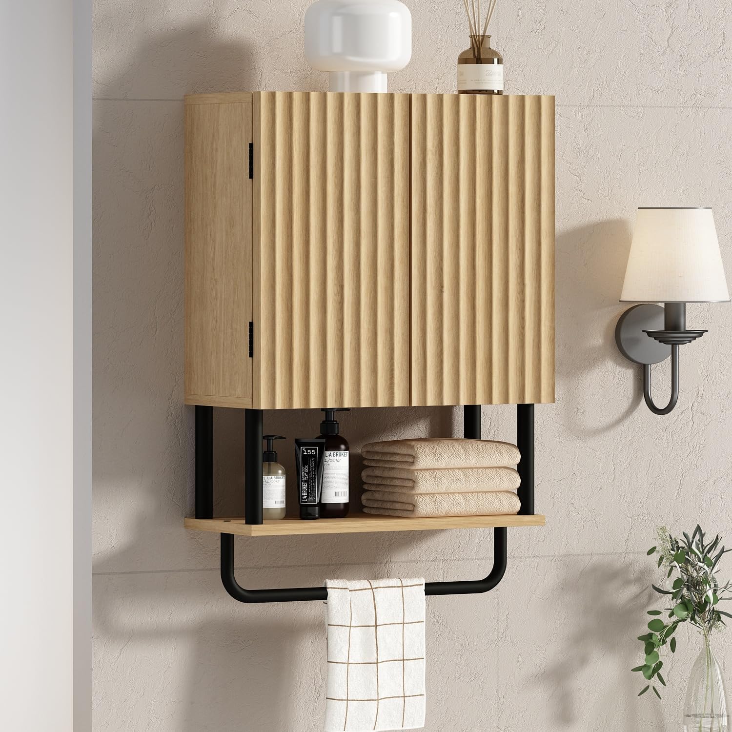 Photo 1 of RUSTOWN Farmhouse Bathroom Wall Cabinet with 2 Door, 3-Tier Curved Profile Wooden Medicine Cabinet, Wall Mounted Storage Cabinet with Adjustable Shelf and Towel Bar (Natural, Small)