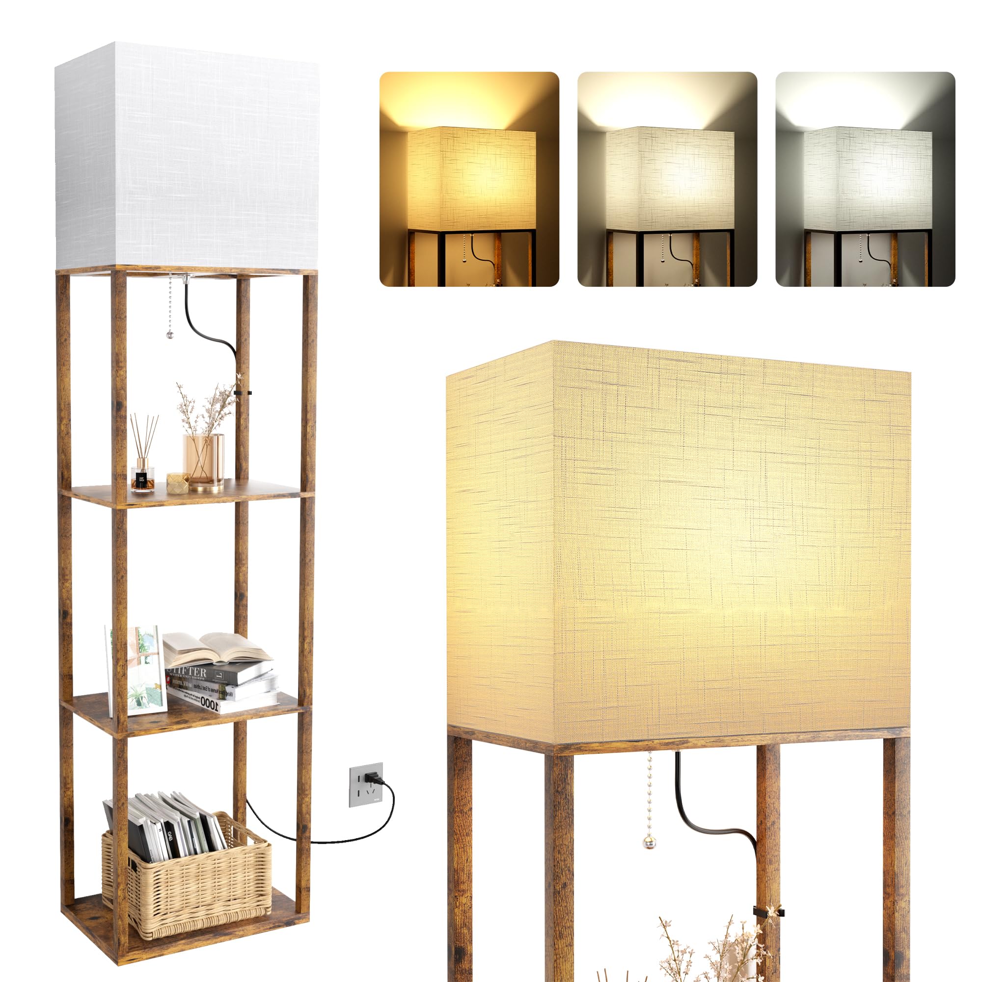 Photo 1 of Dott Arts Floor Lamp with Shelves, Wide Floor Lamps for Living Room Display Shelf Lamps with 3 Color LED Bulb,Storage Wood Modern Floor Lamp for Bedroom Standing Lamp for Living Room Office?Brown?
