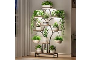 NEHAJUNXI Plant Stand Indoor with 4 Grow Lights - 63" Tall Plant Shelf- 8 Tiered Corner Plant Flower Stands Display Shelves for Home, Patio (Brown)