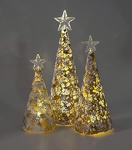 Red Co. Glass Christmas Tree Figurine Ornaments in Gold and Silver Finish, Light-Up Holiday Season Decor, 9.5-inch, 8-inch, 6.5-inch, Set of 3