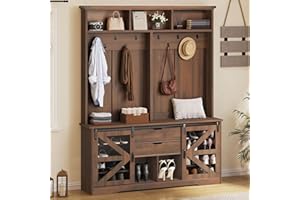 DWVO 59" Wide Hall Tree with Bench and Storage for Hallway Entryway, Coat Rack with Adjustable LED Light, Sliding Barn Doors, 10 Shoe Cubbies & 10 Coat Hooks for Bedchamber Living Room (Rustic Brown)