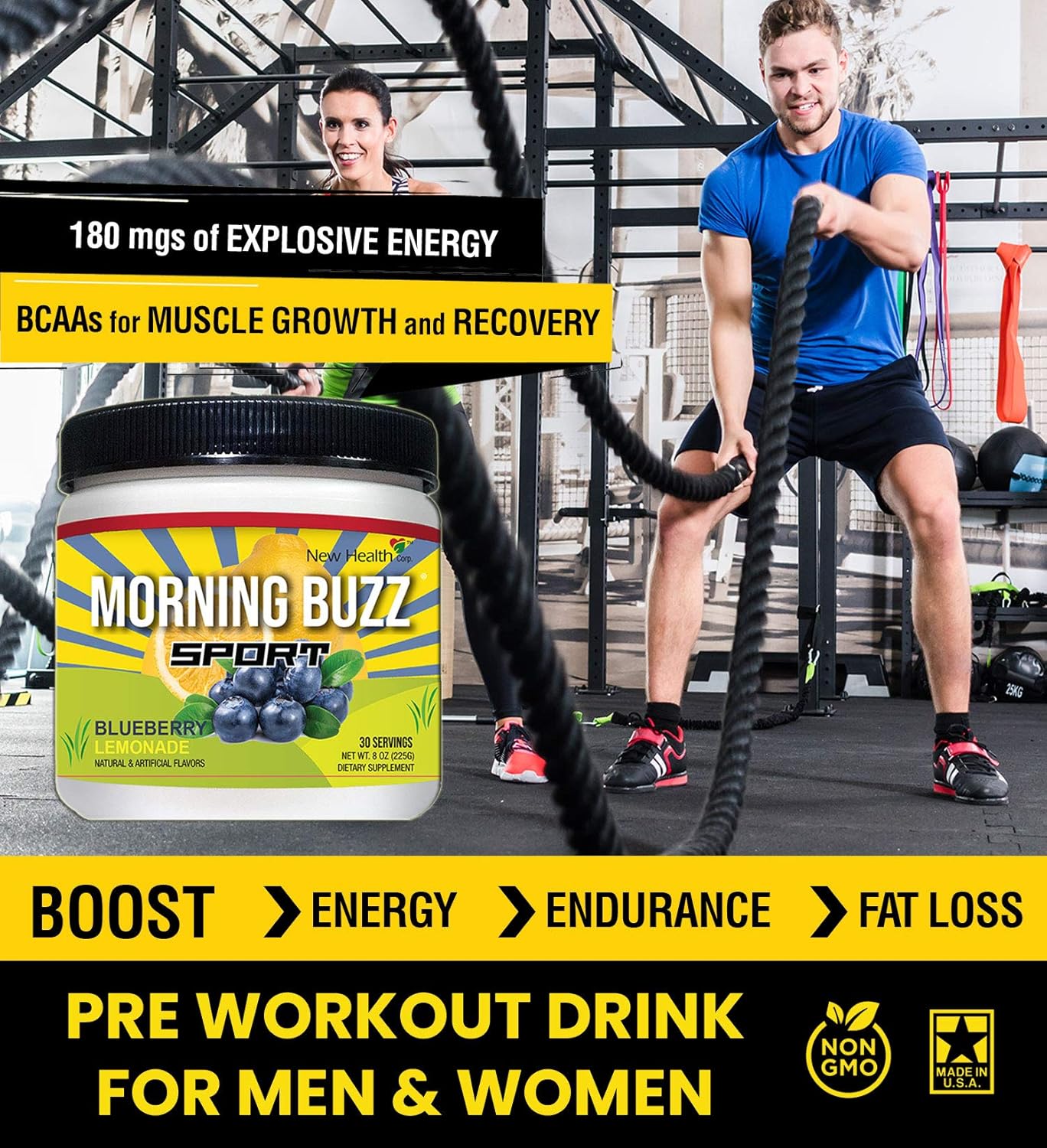 Morning Buzz Sports Energy Drink Mix by New Health, Pre Workout, Sports Nutrition Drink, Supports Lasting Energy, Endurance, Mental Clarity, and Metabolism, 8 Ounce Powder Mix, 30 Servings (Yellow): Health & Personal Care
