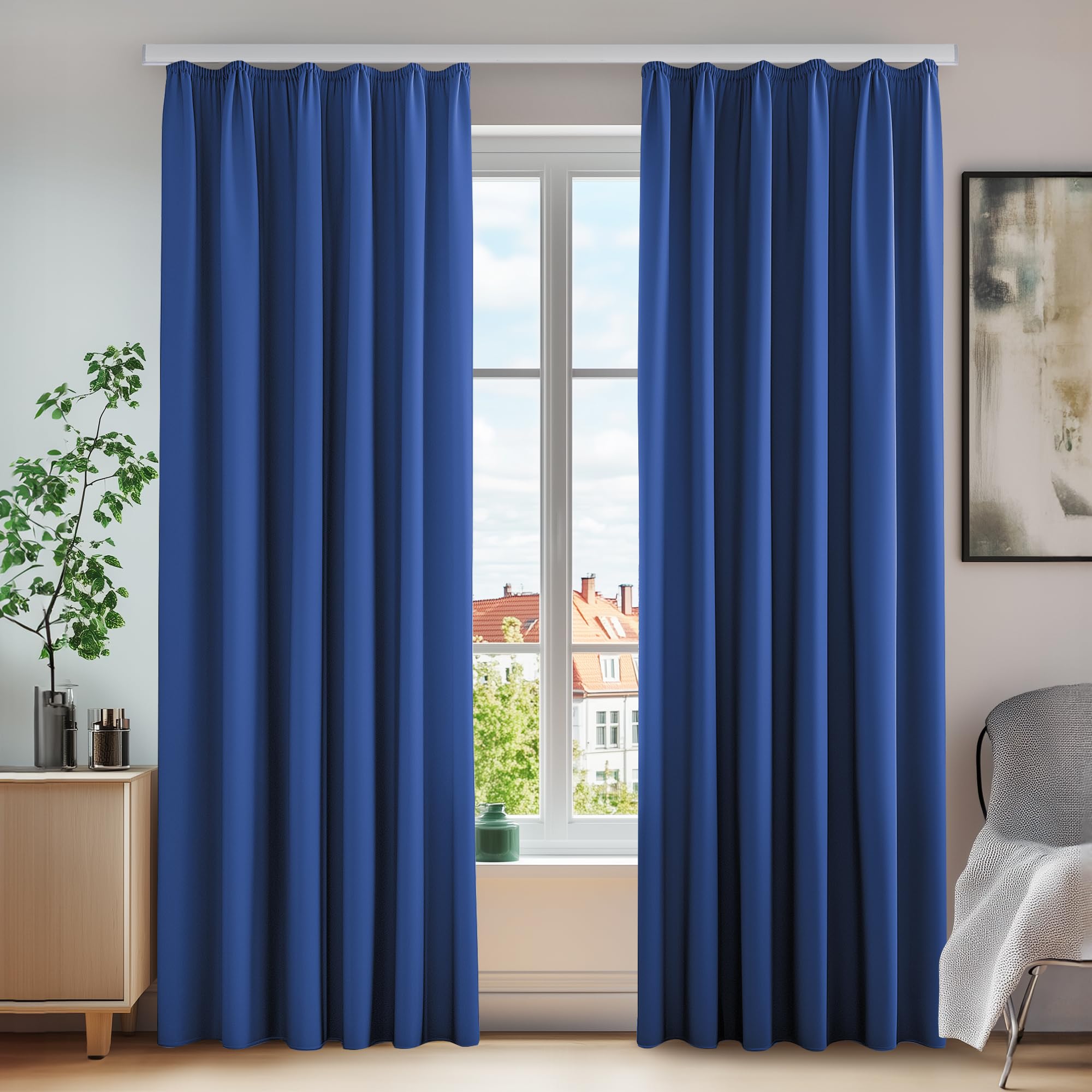Deconovo 2 x Blackout Thermal Curtains with Ruffle Tape 210 x 140 cm (H x W) Royal Blue