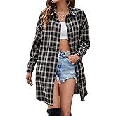 Zontroldy Womens Button Down Flannel Plaid Shirts Mid Long Casual Boyfriend Buffalo Pockets Shirt Jacket Shacket Coat