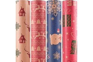 Happypapa Christmas Wrapping Paper, Kraft Xmas Wrapping Paper Rolls - Jingle Bell, Reindeer, Gift and Snowflakes Pattern - 4 Rolls - 17 Inch × 120 Inch Per Roll