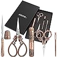 Embroidery Kits Include 2 Pairs Vintage Scissors, Sewing Needle Case, Thimble, Threader, European Style Complete Sewing Kit for Embroidery, Needlework (Red Copper)