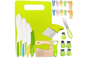 Momo's Den Montessori Kitchen Tools for Toddlers - 24 Piece - Kids Knife Set for Real Cooking - Cutting Board, Safe Toddler knife set, Crinkle Cutters, and Toddler Kitchen Tools a Fun Learning 4 year+