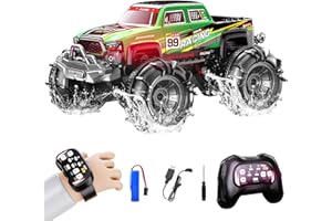 ROUSKY Remote Control Amphibious Monster Truck, 2.4GHz Dual Control with Watch & Controller, 360° Rotating RC Car with LED Lights, Racing Green (Green)